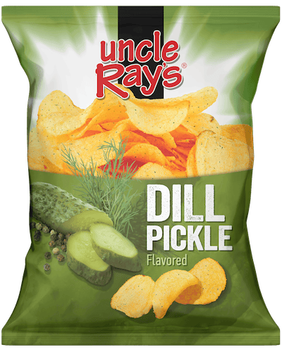 A bag of Kosher Dill Flavored Chips by Uncle Ray's