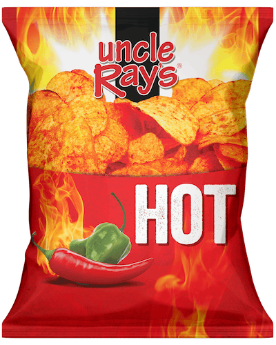 A bag of Hot Flavored Potato Chips by Uncle Rays