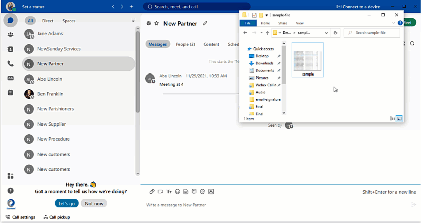 Webex app motion graphic showing how to add a to a message.