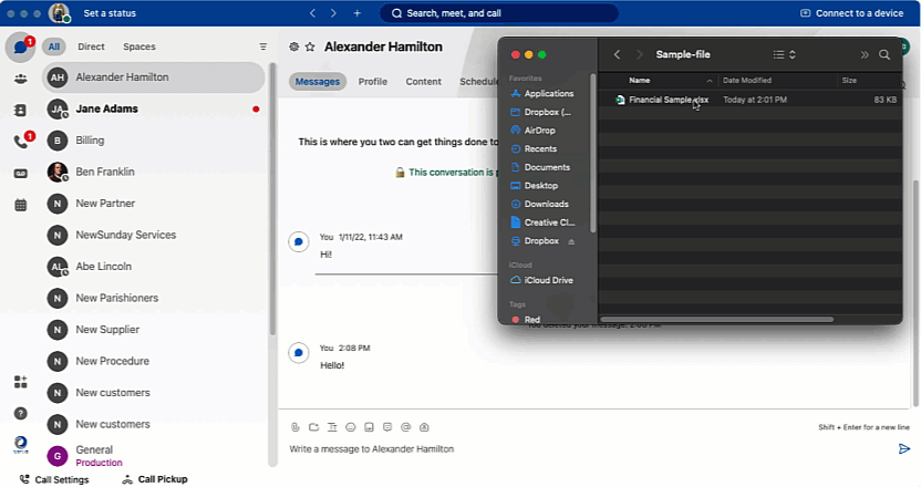Webex app motion graphic showing how to add a file to a message.