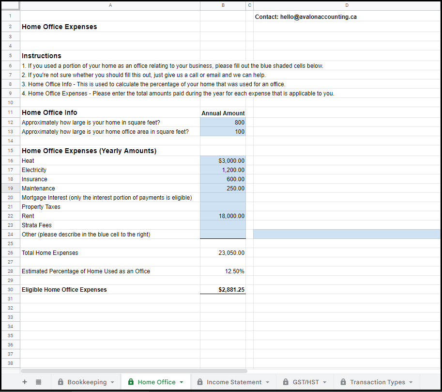 Bookkeeping Template - Home Office Tab