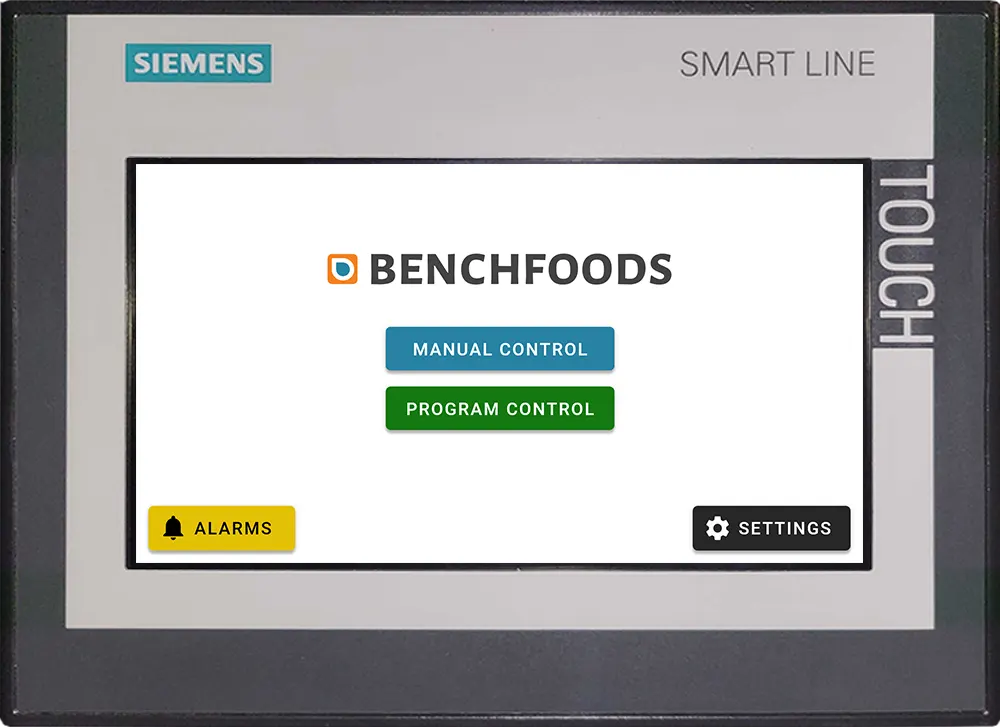Industrial Food Dehydrator PLC (Programmable Logic Controller) Control Panel - Startup Screen - On initial startup of your dehydrator, you will be presented with the BenchFoods Welcome Screen.
