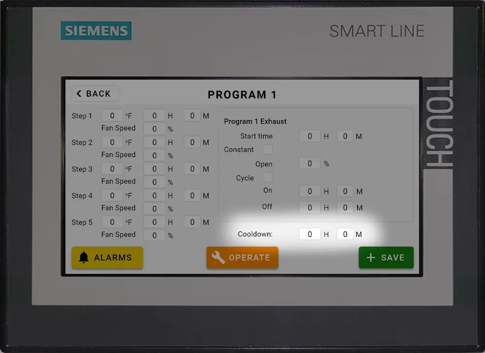 Industrial Food Dehydrator PLC (Programmable Logic Controller) Control Panel - Program Edit Screen - The cooldown cycle is the time the unit’s air fans stay on after your total drying cycle has been completed.
