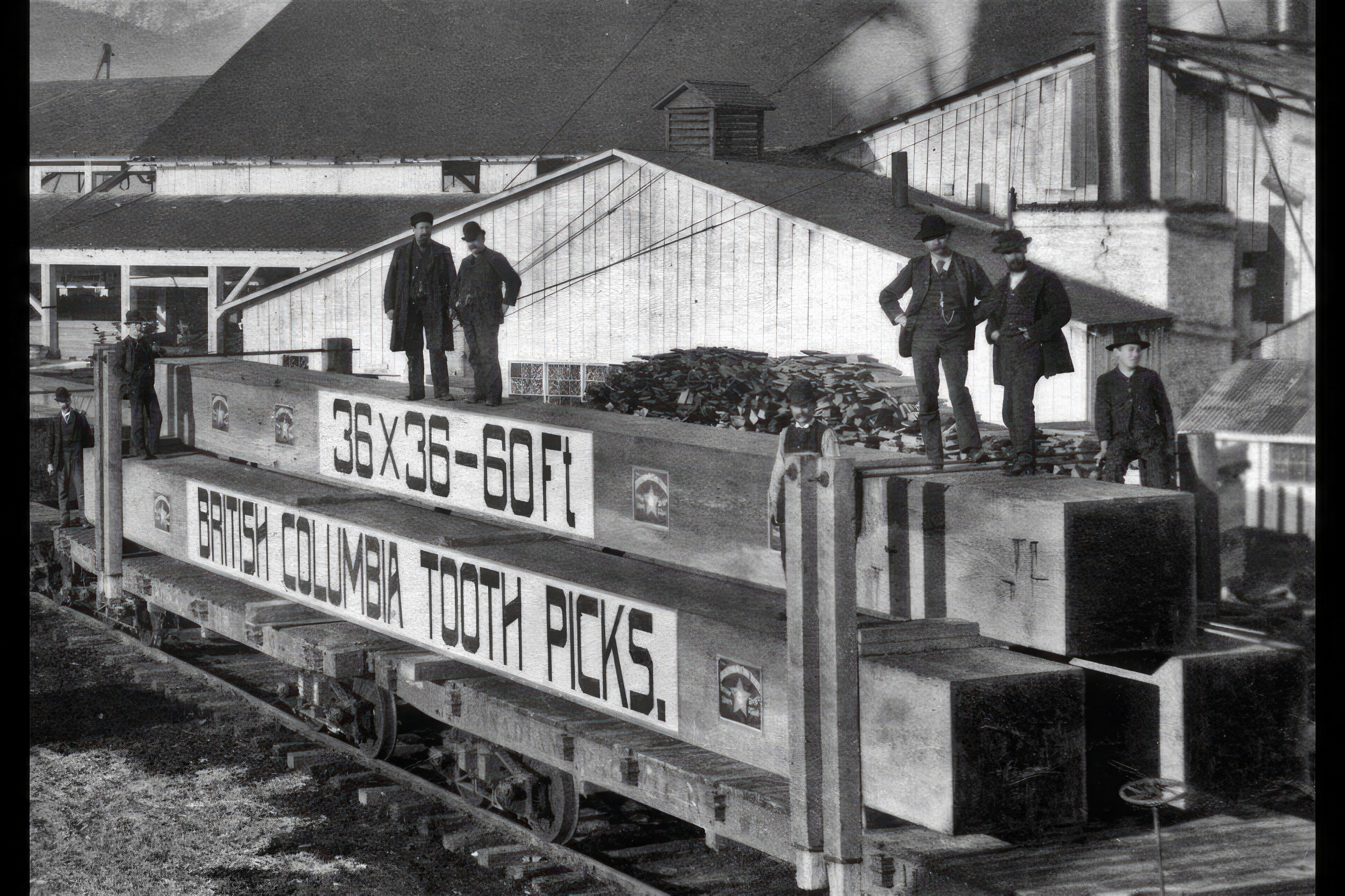 Historic photo of BC timber showing gigantic milled timber