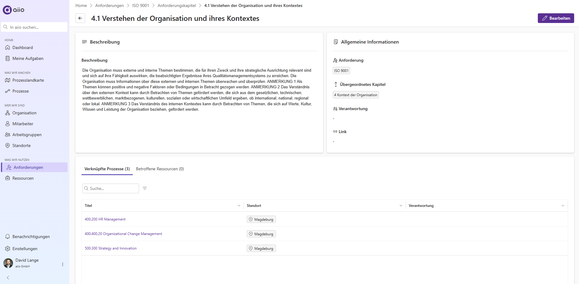 A details page for process requirements