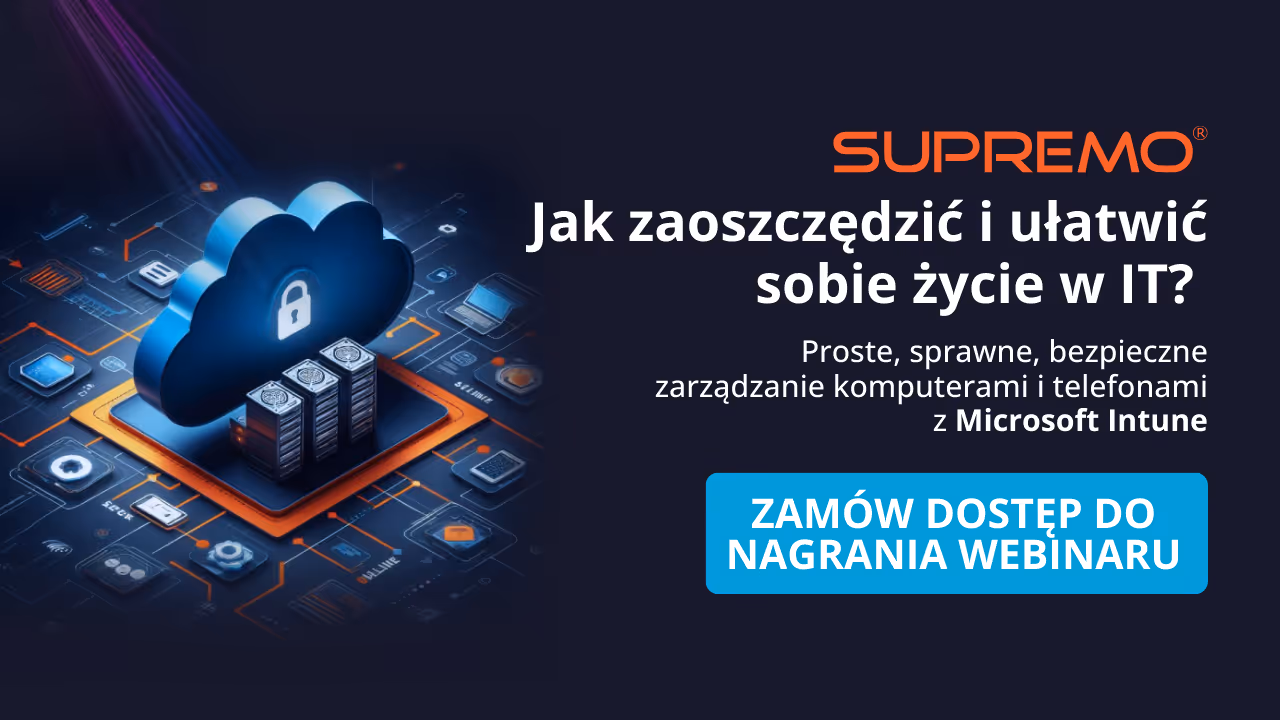 Wizualizacja zabezpieczonej chmury danych na tle schematów technologicznych i tekst o zarządzaniu komputerami i telefonami za pomocą Microsoft Intune oraz przycisk zachęcający do zamówienia dostępu do nagrania webinaru.