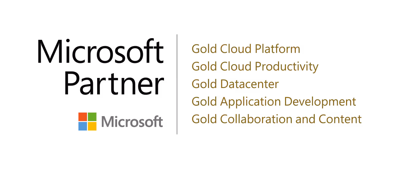 Logo Microsoft Partner z wymienionymi złotymi kompetencjami: Gold Cloud Platform, Gold Cloud Productivity, Gold Datacenter, Gold Application Development, Gold Collaboration and Content.