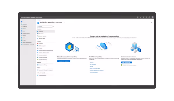 Interfejs centrum administracyjnego Microsoft Endpoint Manager z zakładką Endpoint security i przeglądem ustawień bezpieczeństwa urządzeń.