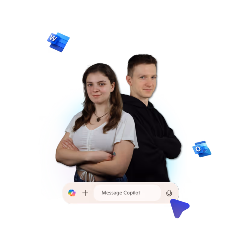 Młoda kobieta i mężczyzna stoją plecami do siebie z założonymi rękami na tle błękitnego koła, obok ikony Microsoft Word i Outlook oraz okno czatu Message Copilot.
