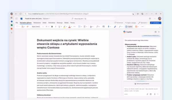 Widok dokumentu na ekranie przeglądarki z tytułem dotyczącym dużego otwarcia sklepu z wyposażeniem wnętrz Contoso oraz panelem pomocnika Copilot po prawej stronie.
