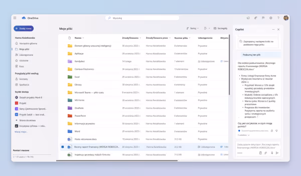 Ekran OneDrive pokazujący listę plików użytkownika Hanna Kaźniakowska z podglądem szczegółów wybranego raportu finansowego oraz opcjami udostępniania i zarządzania plikami.