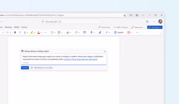 Edytor tekstu z wyskakującym oknem Copilota proszącym o napisanie dokumentu dotyczącego wejścia na rynek z artykułami wyposażenia wnętrz Contoso na podstawie pliku Contoso Home Improvement Store.docx.