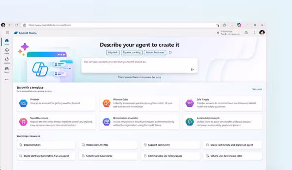 Interfejs Copilot Studio z opcją opisu agenta do stworzenia, oferujący szablony takich jak pogoda, wsparcie Q&A, operacje sklepowe, nawigator organizacji i wgląd w zrównoważony rozwój.