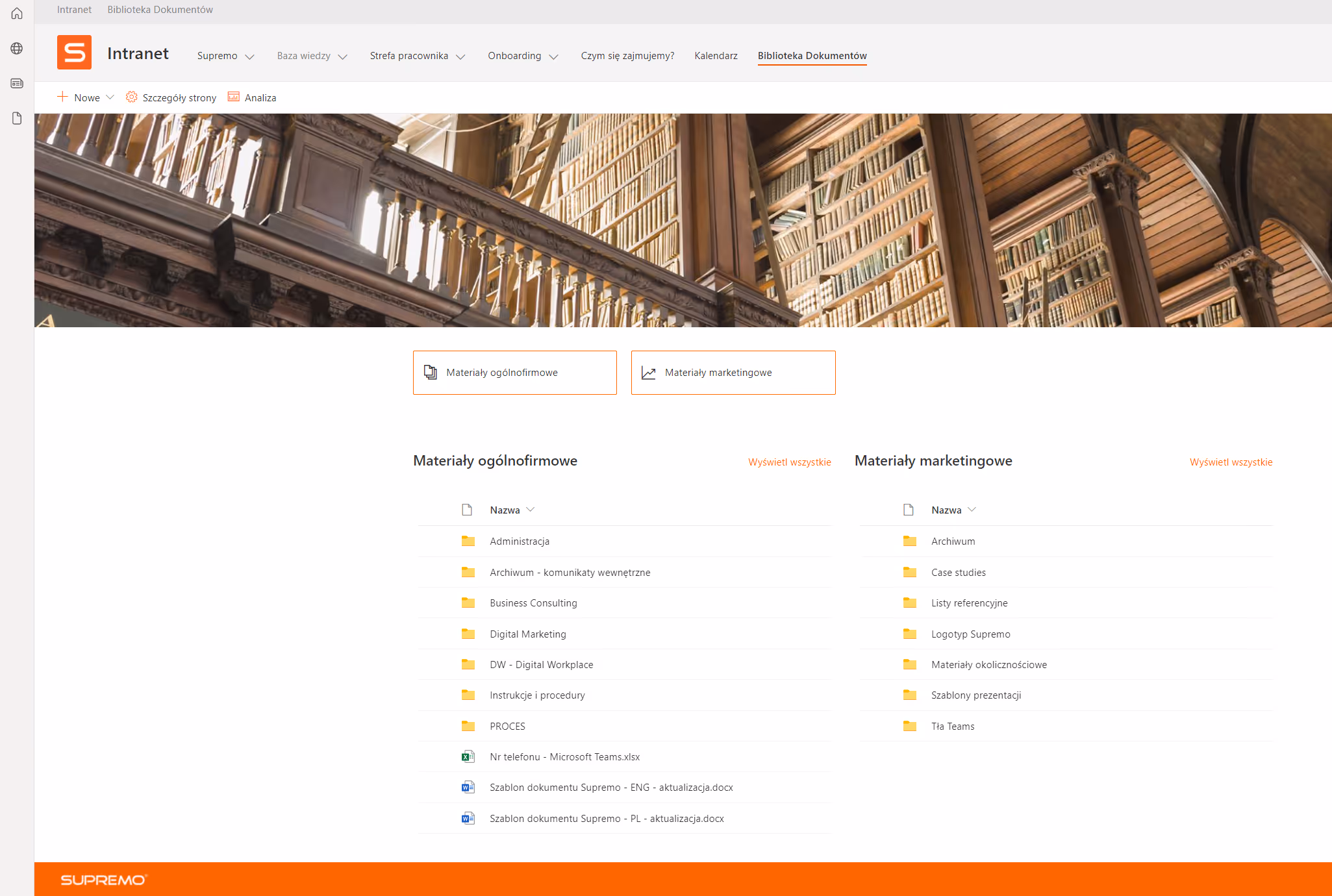 Ekran intranetu Supremo z dwiema kategoriami folderów i plików: Materiały ogólnofirmowe po lewej i Materiały marketingowe po prawej.