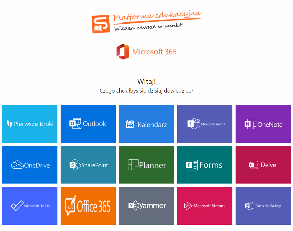 Ekran Platformy edukacyjnej Microsoft 365 z ikonami aplikacji: Pierwsze Kroki, Outlook, Kalendarz, Microsoft Teams, OneNote, OneDrive, SharePoint, Planner, Forms, Delve, Microsoft To Do, Office 365, Yammer, Microsoft Stream, Teams dla EDUkacji. Powitanie z napisem: Witaj! Czego chciałbyś się dzisiaj dowiedzieć?