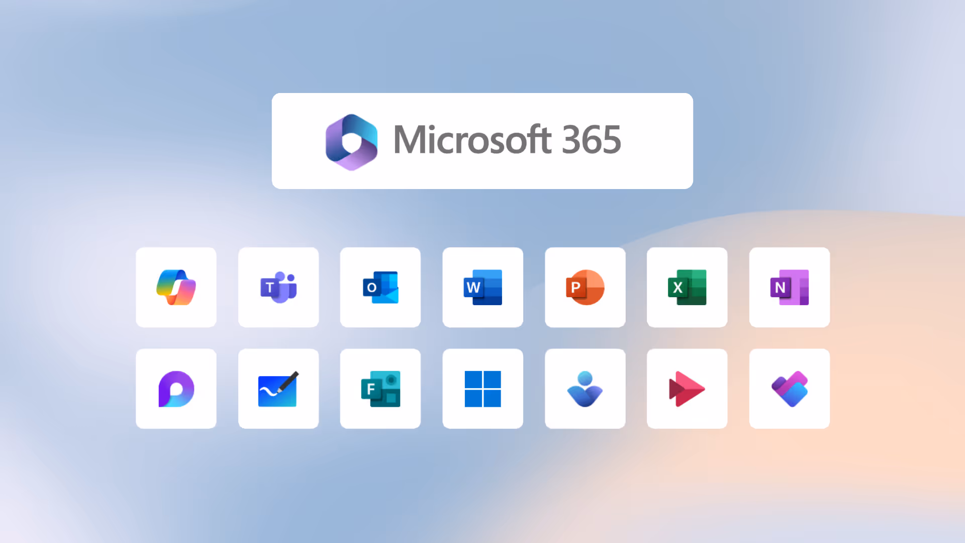 Logo Microsoft 365 nad dwoma rzędami ikon aplikacji Microsoft, takich jak Teams, Outlook, Word, PowerPoint, Excel, OneNote i inne.