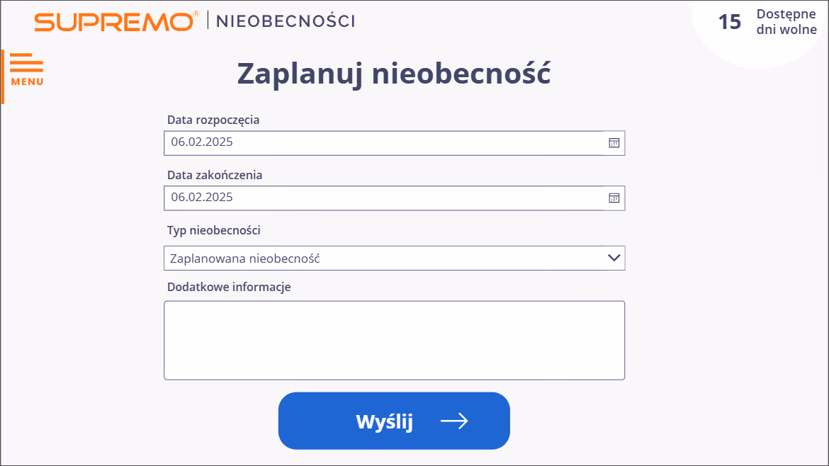 Formularz do planowania nieobecności z polami na datę rozpoczęcia, datę zakończenia, typ nieobecności oraz dodatkowe informacje, z przyciskiem Wyślij.