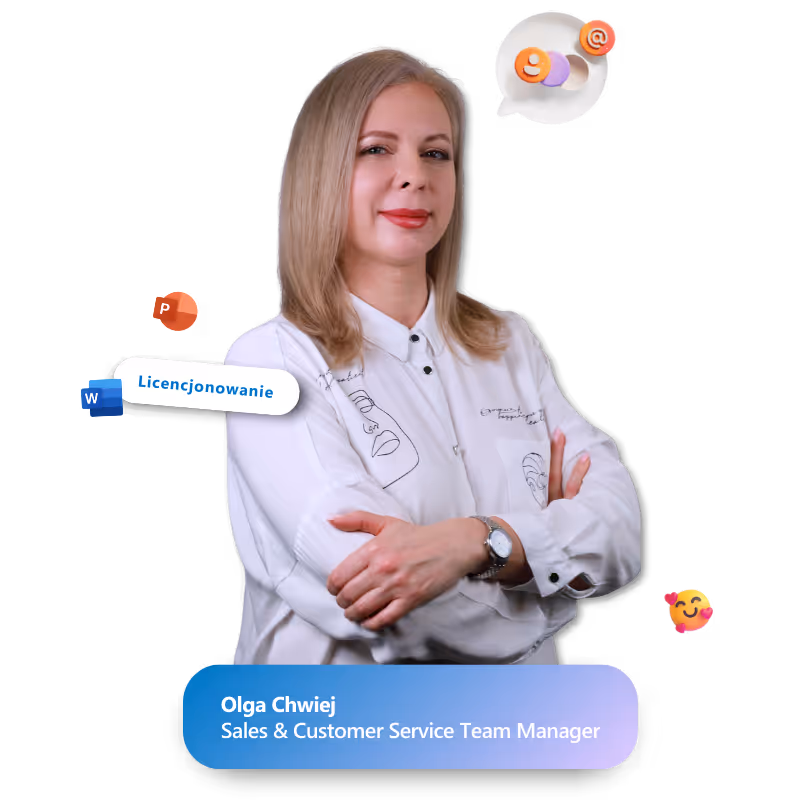 Olga Chwiej – Sales & Customer Service Team Manager – stoi z założonymi rękami. W tle widoczne są ikony PowerPoint i Word, dymek z ikonami mediów społecznościowych oraz napis 'Licencjonowanie'. Grafika promująca ekspertkę w zakresie licencjonowania i obsługi klienta w nowoczesnym środowisku pracy.
