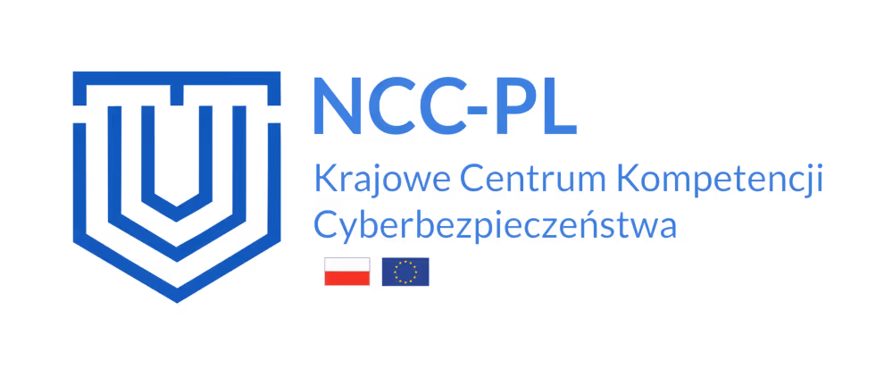 Logo NCC-PL Krajowe Centrum Kompetencji Cyberbezpieczeństwa z symbolem tarczy i flagami Polski oraz Unii Europejskiej.