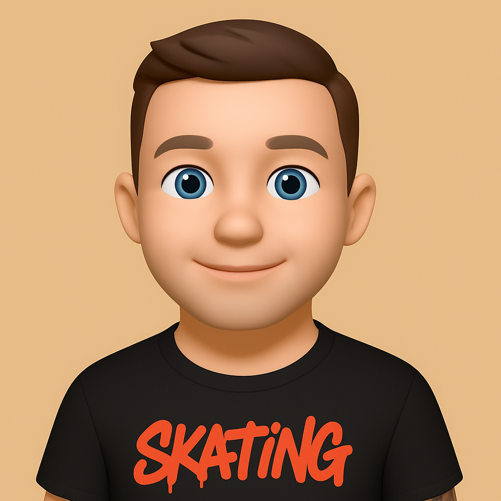3D avatar of a smiling young man with short brown hair and blue eyes wearing a black shirt with red text 'SKATING'.