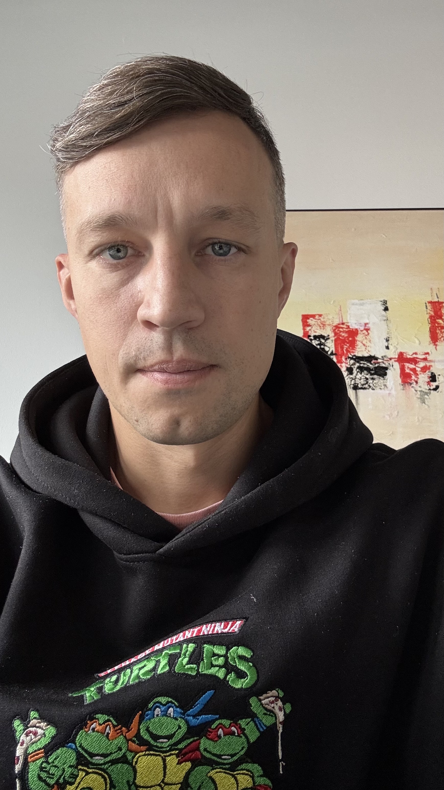 Close-up of a man wearing a black hoodie with Teenage Mutant Ninja Turtles graphic, with an abstract painting in the background.