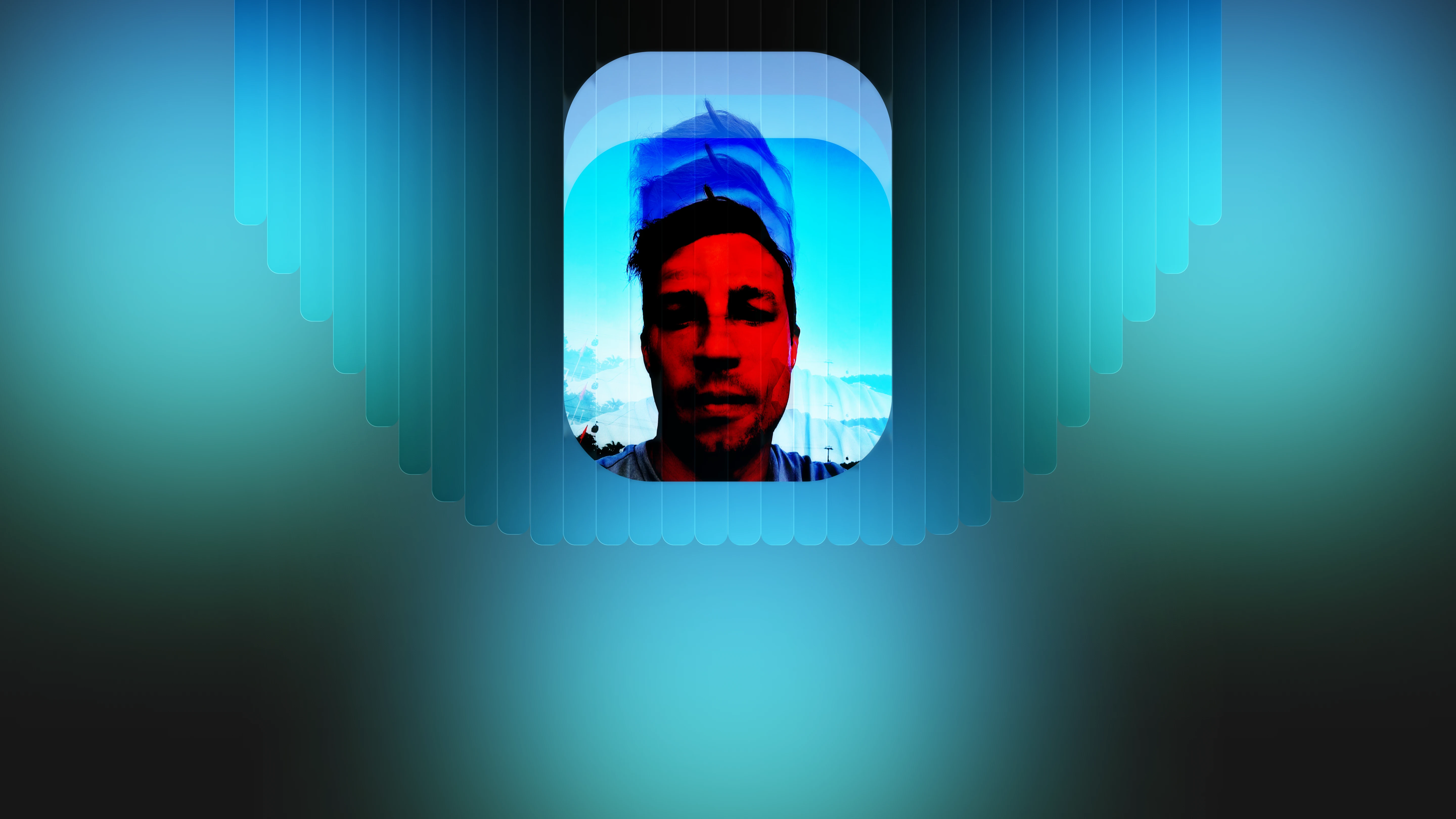 Abstract digital art showing a partially transparent human face with blue and red tones behind layered translucent vertical bars on a purple gradient background.