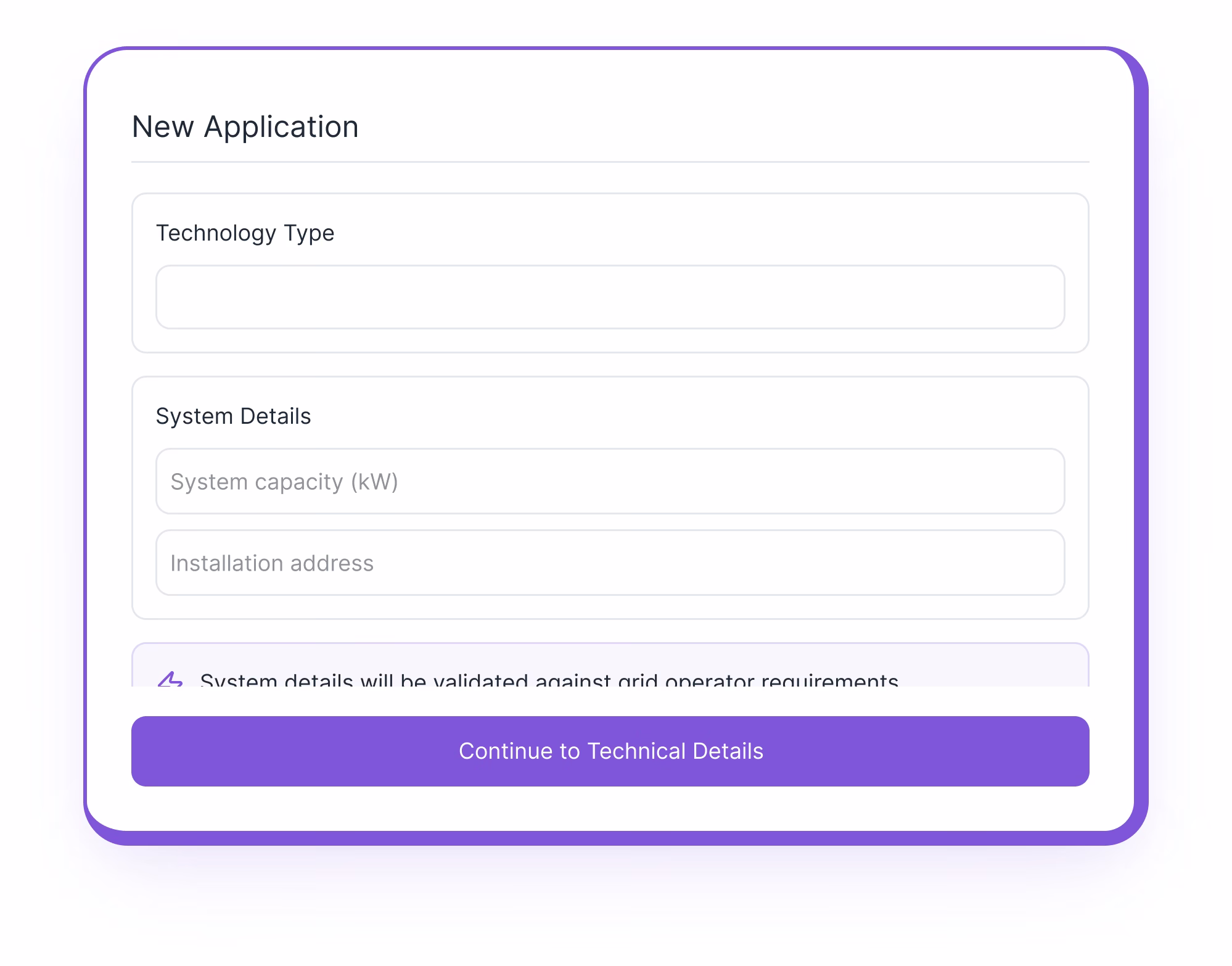 Grid connection applications primary features screenshot