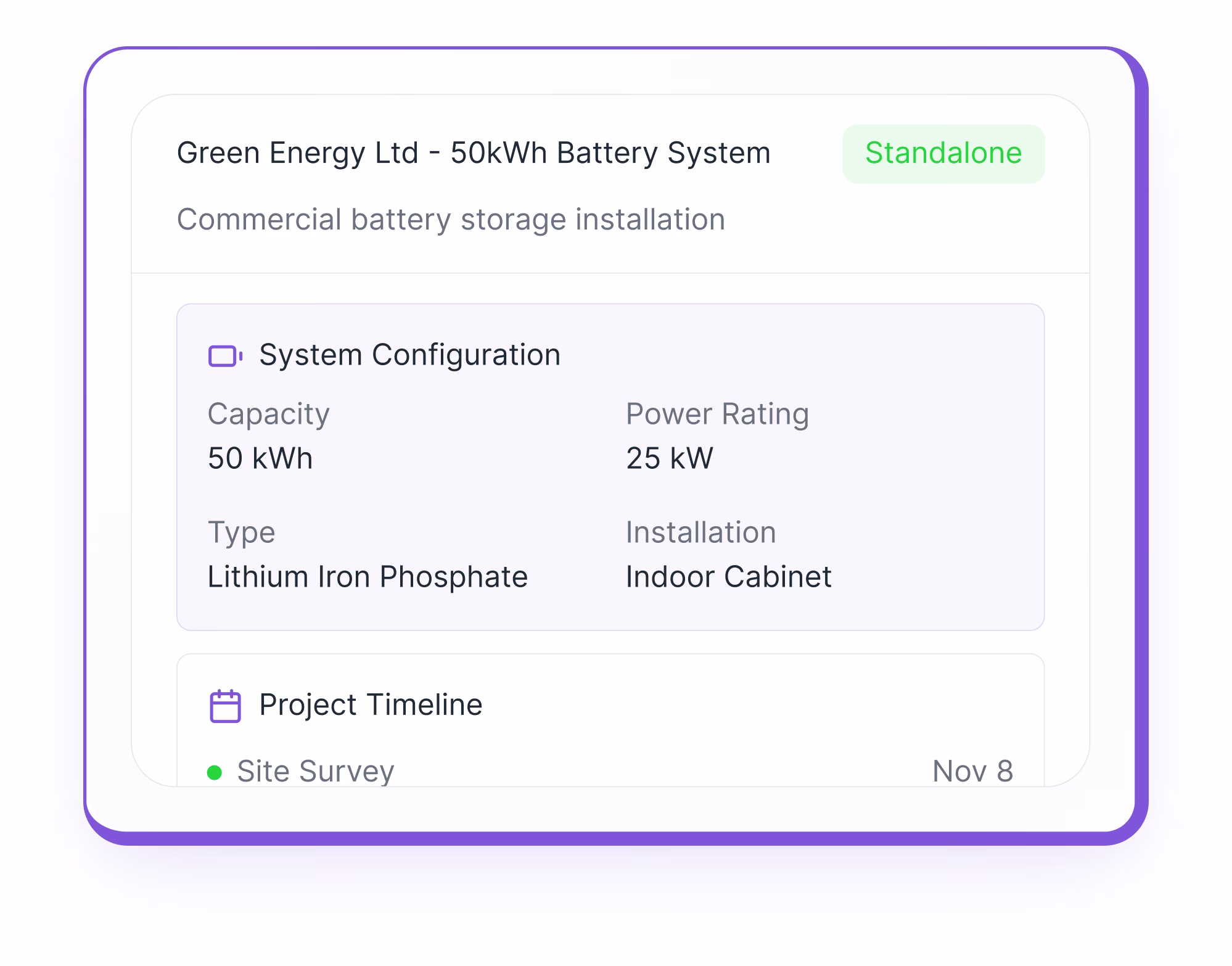 Battery storage installers primary features screenshot