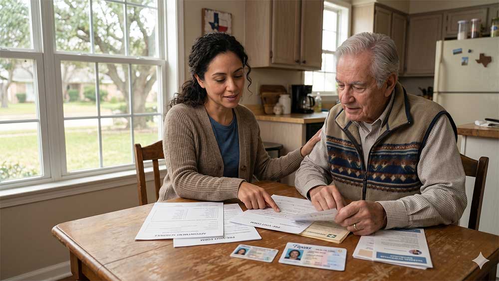 Caregiver helping an older adult understand Texas medical marijuana documentation