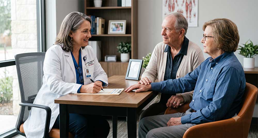 Patient and caregiver discussing Parkinson’s disease during a Texas medical marijuana evaluation