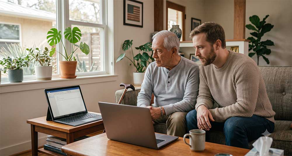 Caregiver helping a Texas patient describe how spasticity affects transfers and daily care