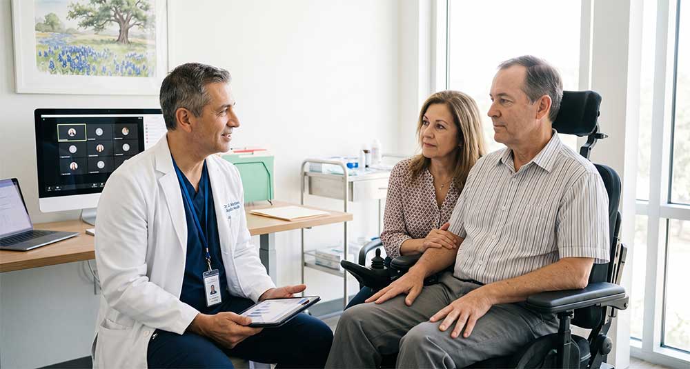 Texas physician speaking with a patient and caregiver about medical marijuana for ALS