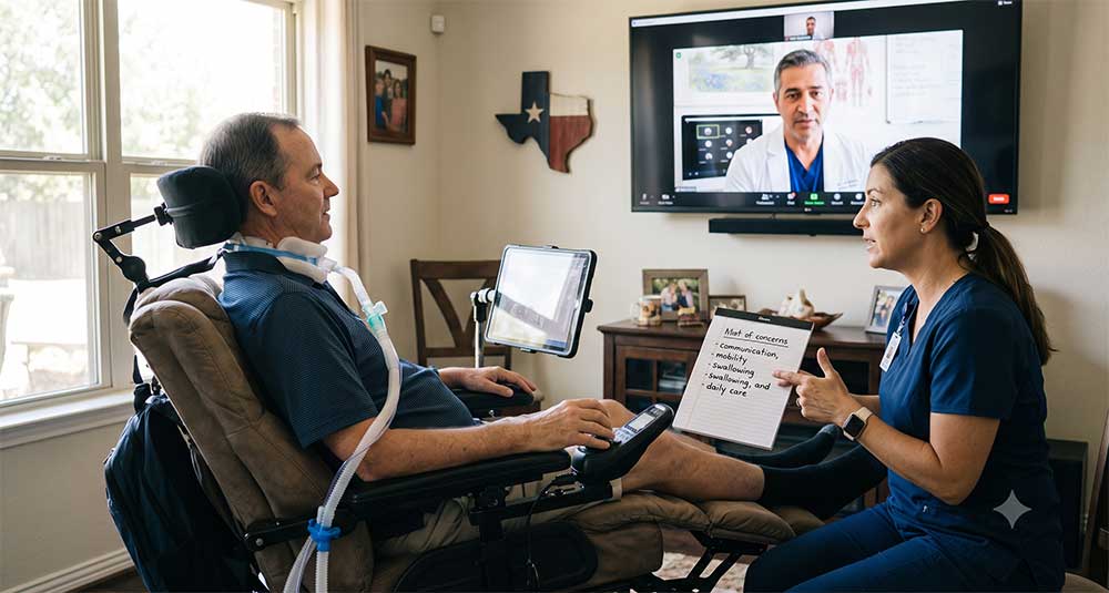 Caregiver helping a Texas patient explain how ALS affects communication, mobility, and daily care
