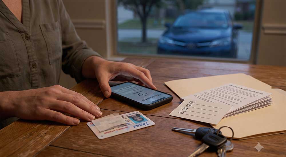 Texas patient preparing identification for CURT prescription verification and licensed dispensing