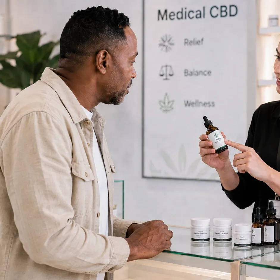 Patient receiving dose adjustment guidance during a medical cannabis consultation