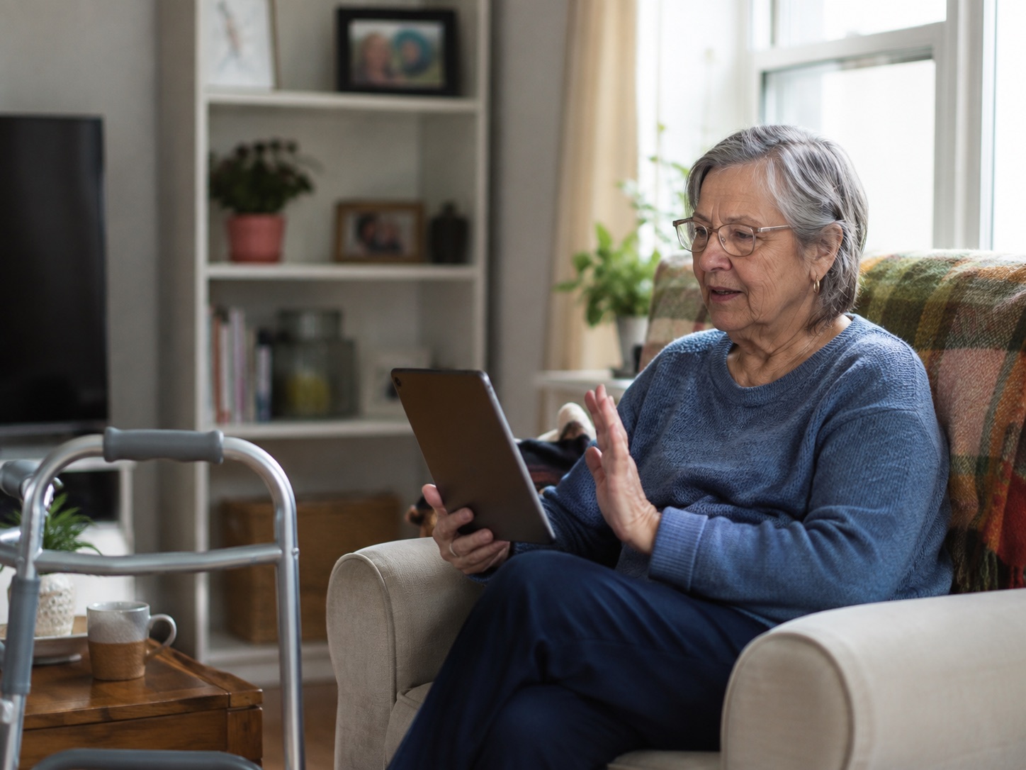 Older patient with limited mobility using a tablet at home
