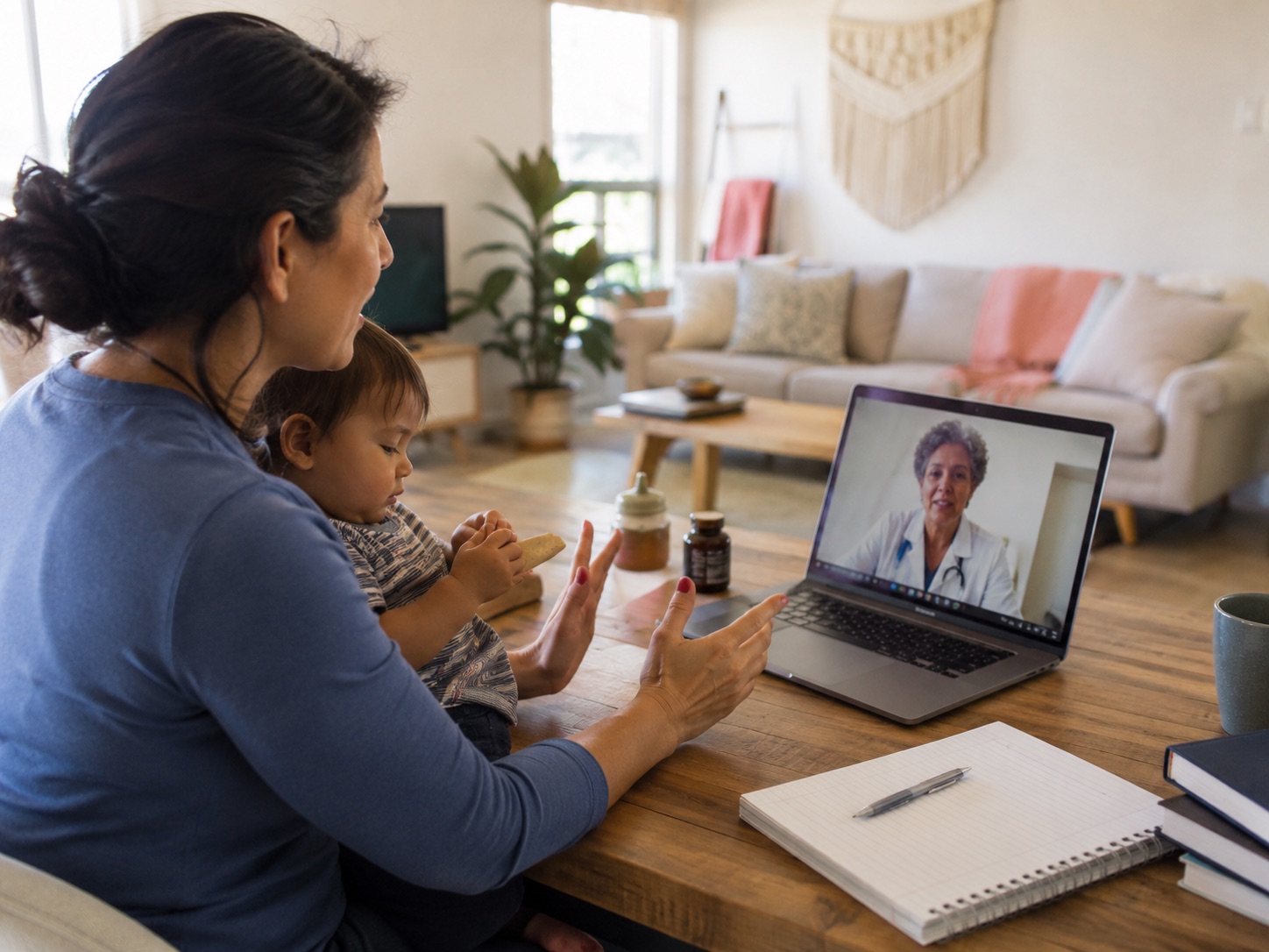 Caregiver holding a child during an online medical visit