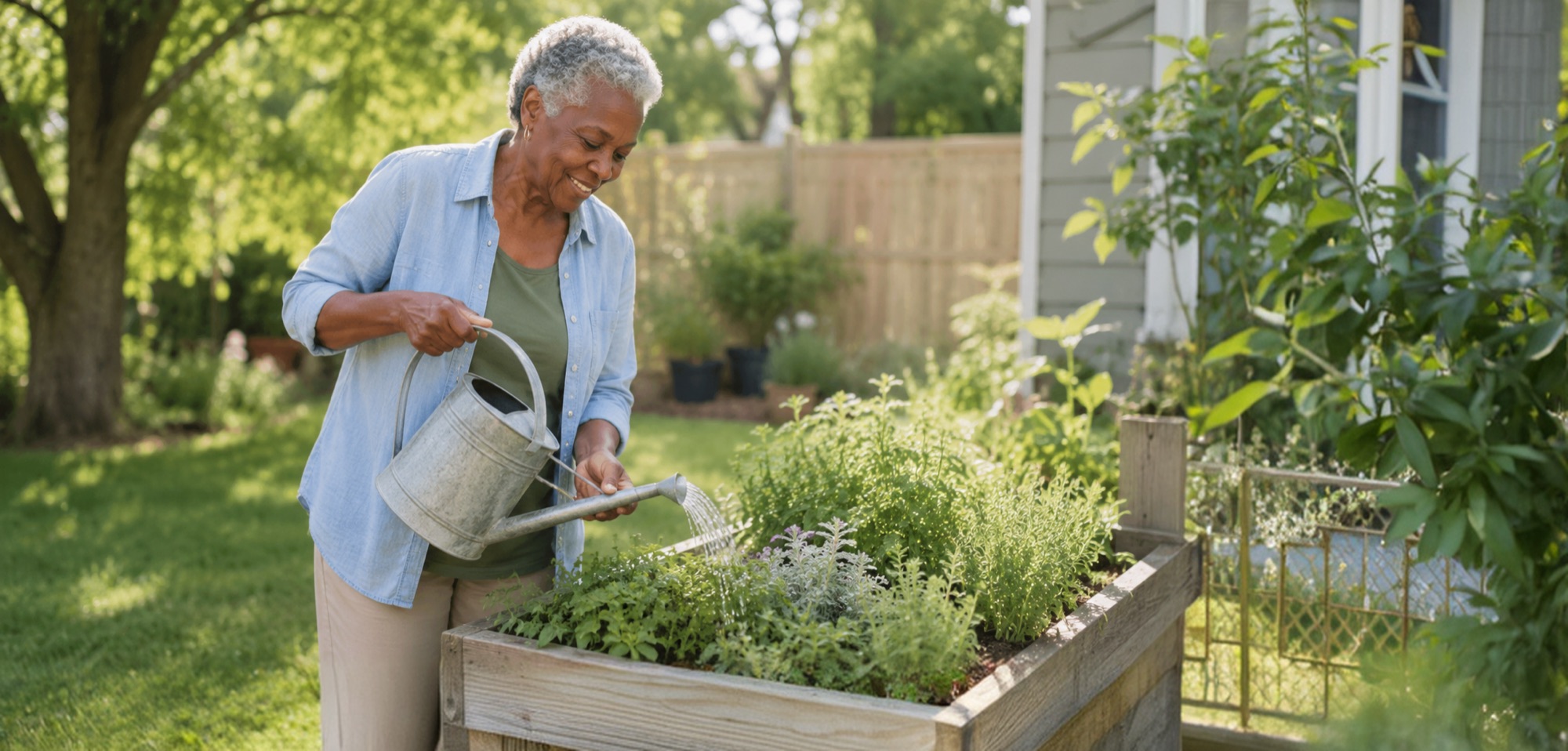 Senior woman watering a raised herb garden outside her Texas home