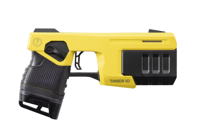Isolated image of an Axon Body 3 device, a black body worn camera