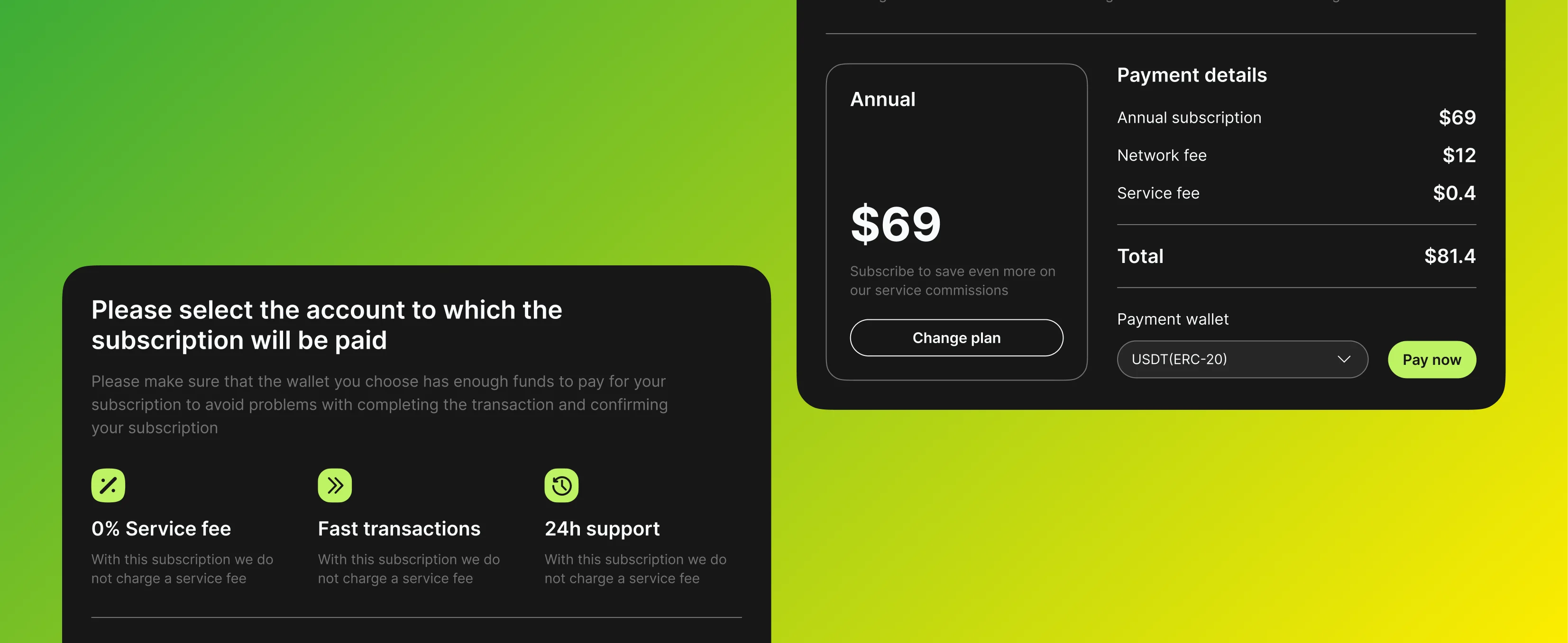 Crypto inerface on the yellow-green background