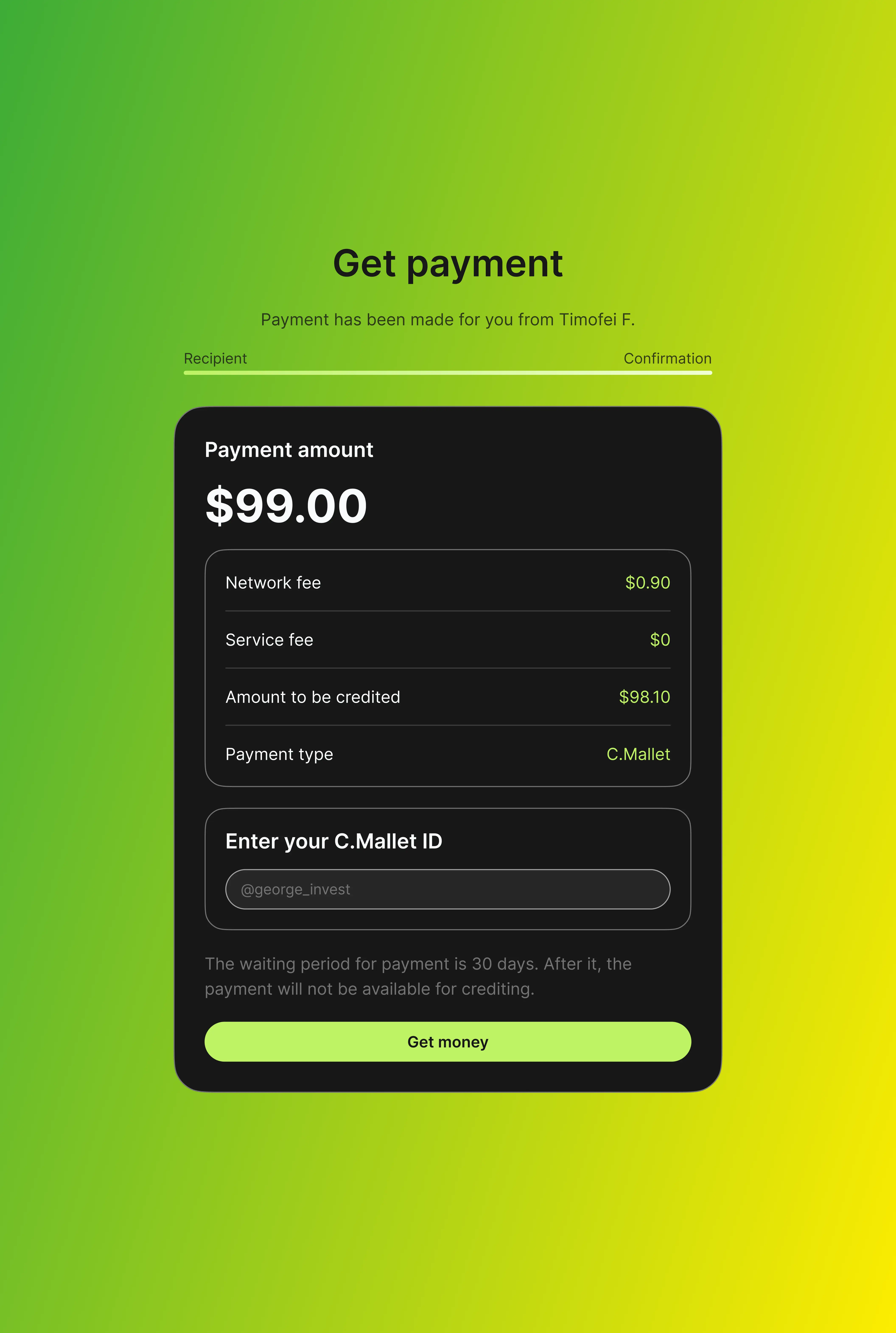 Crypto interface on a yellow-green background