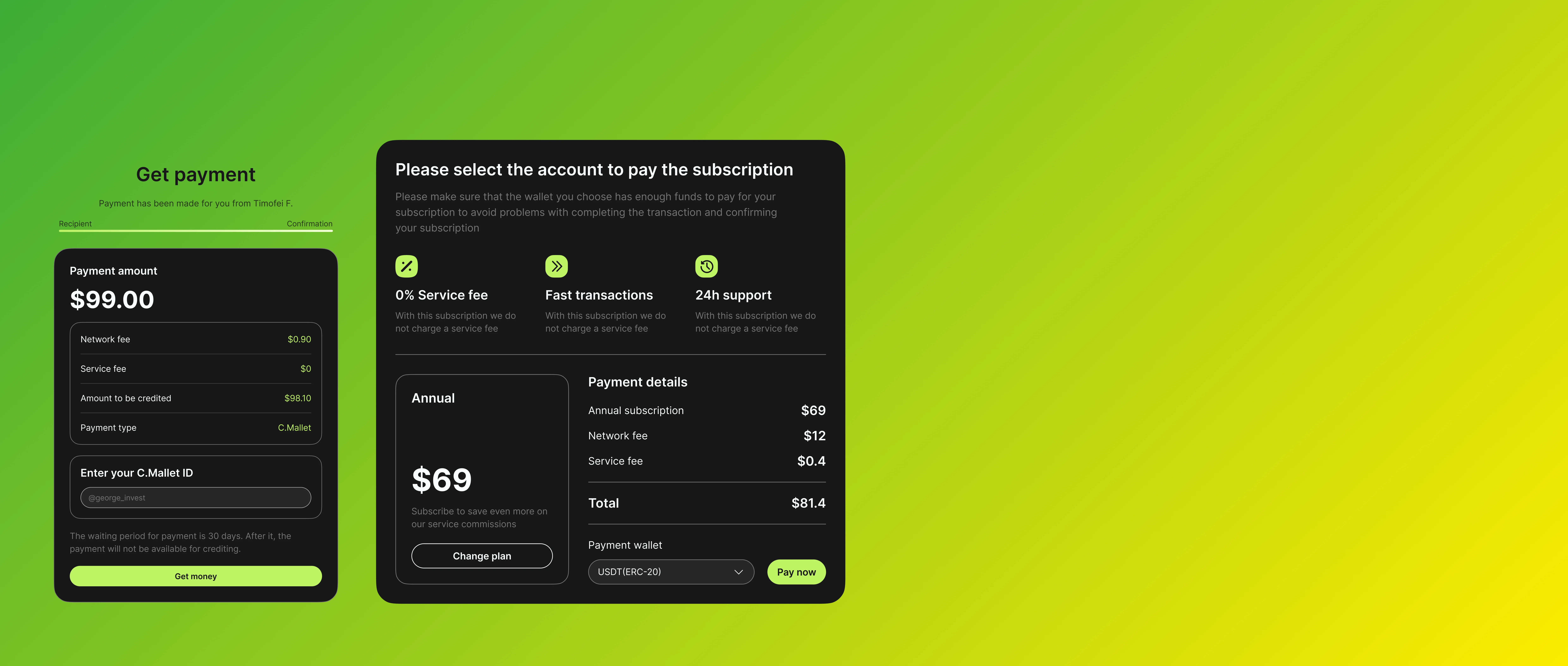Crypto interface on a yellow-green background