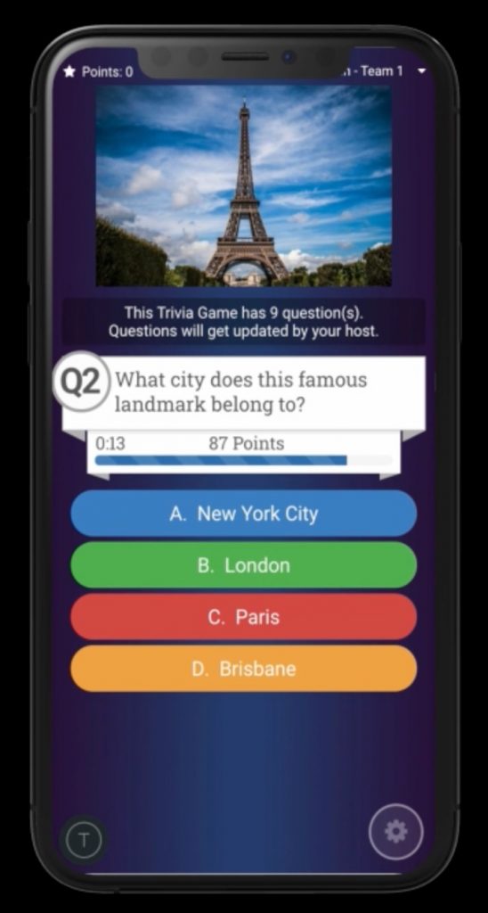 The updated Crowdpurr Mobile View with new layout for Question Media including stock images from Pixabay, gifs from Giphy, and add video trivia with YouTube. 