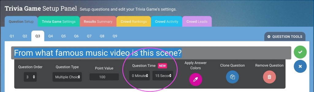 Crowdpurr's Question Edit Panel shows the new Per-Question Question Time setting.