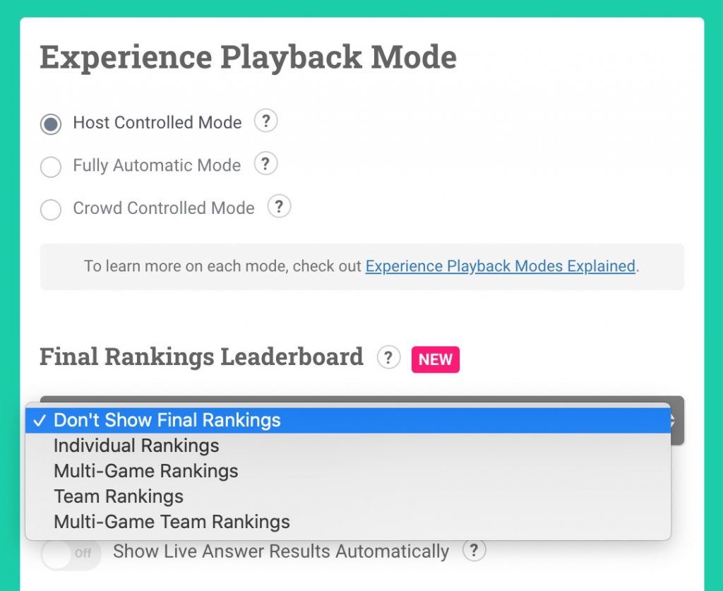 Crowdpurr's Final Rankings Leaderboard option dropdown shows several different options.