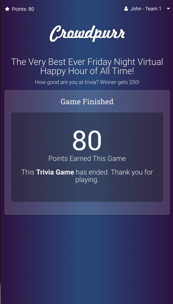 Crowdpurr's Mobile View showing a finished trivia game with the rankings disabled.