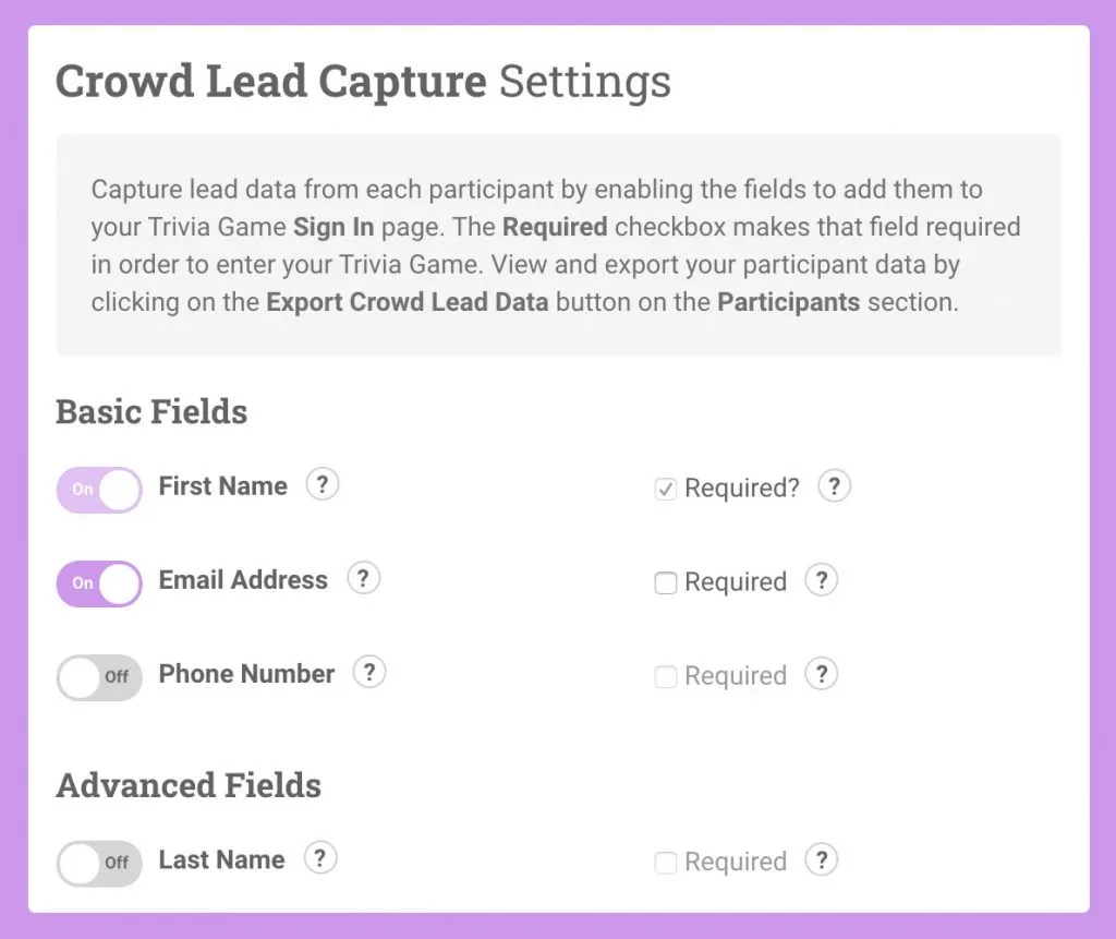 Crowdpurr Participant Lead Capture Settings including First Name, Email Address, and Phone Number
