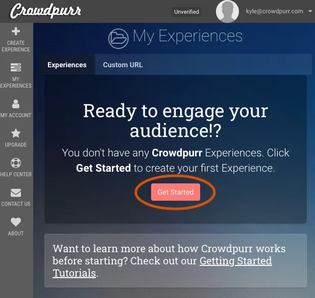 Crowdpurr's My Experiences view with no experiences added. A "Get Started" button is displayed