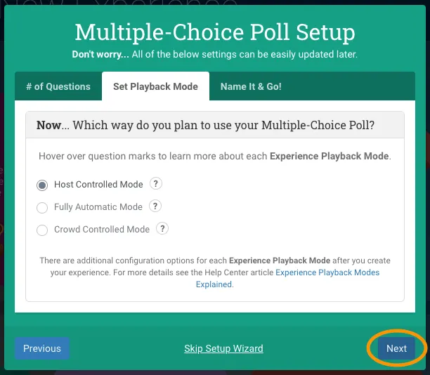 The Multiple Choice Poll Setup Wizard's second page allowing input for the Experience Playback Mode