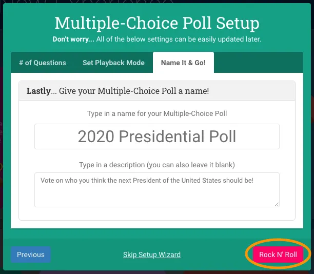 The Multiple Choice Poll Setup Wizard's third page allowing inputs for the title and description.